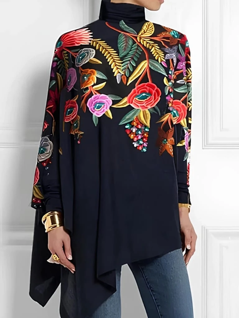 Uzun Kollu Balıkçı Yaka Asimetrik Kesim Mikro Bluz