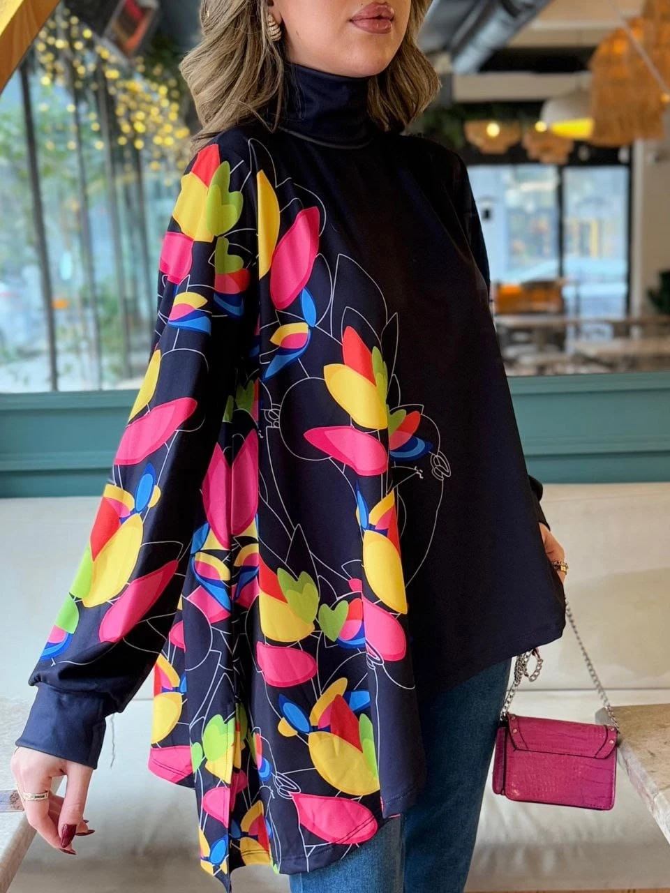 Uzun Kollu Balıkçı Yaka Asimetrik Kesim Mikro Bluz