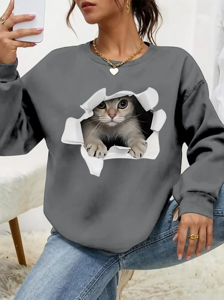 Uzun Kollu Bisiklet Yaka Kedi Desenli Viskon İki İplik Bluz