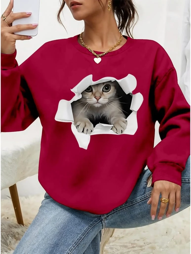 Uzun Kollu Bisiklet Yaka Kedi Desenli Viskon İki İplik Bluz