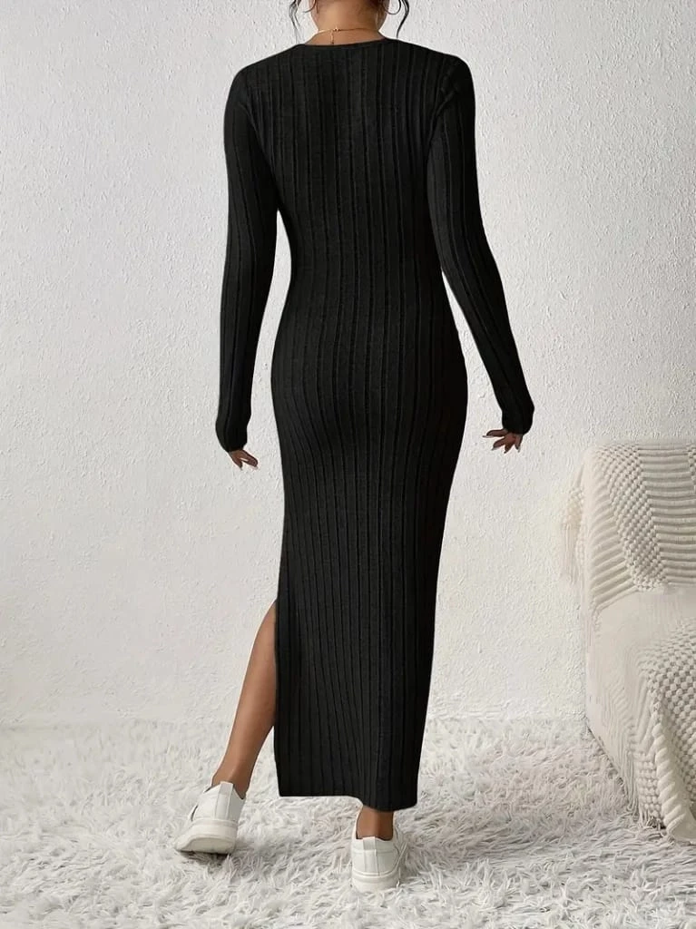 Uzun Kollu Kruvaze Yaka Yandan Yırtmaçlı Şardonlu Kaşkorse Elbise