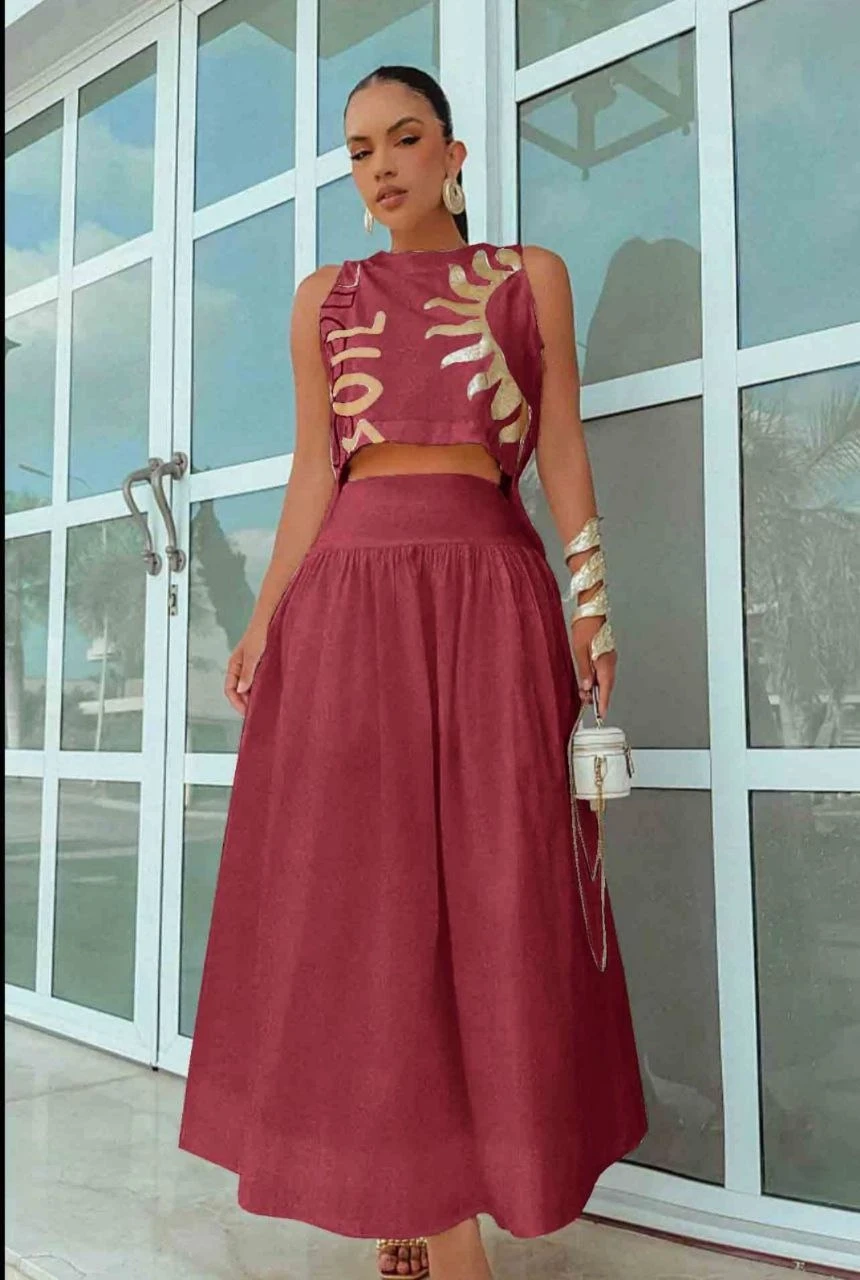 Varak Baskılı Crop & Etek Takım Bordo