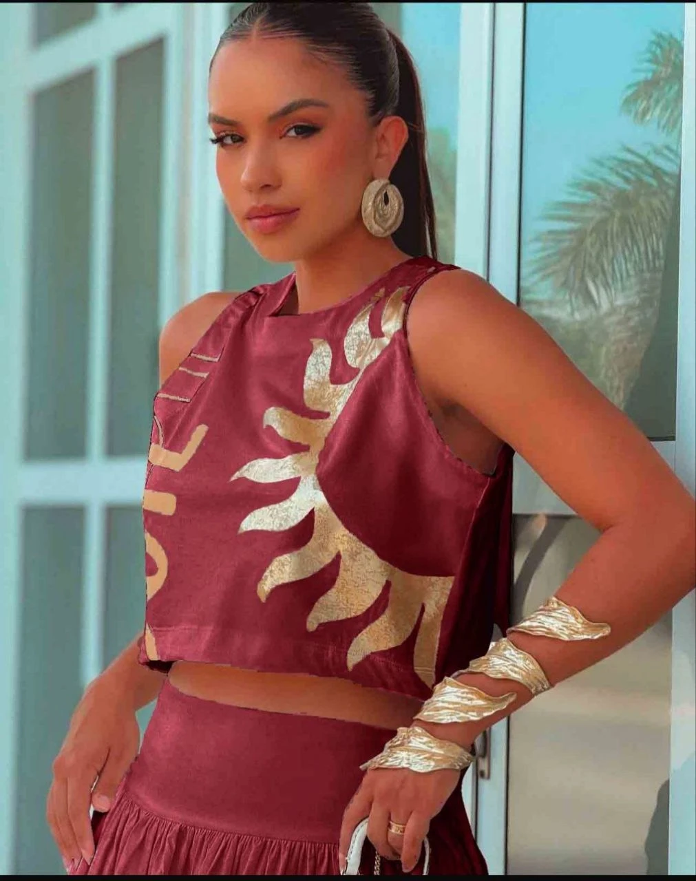 Varak Baskılı Crop & Etek Takım Bordo