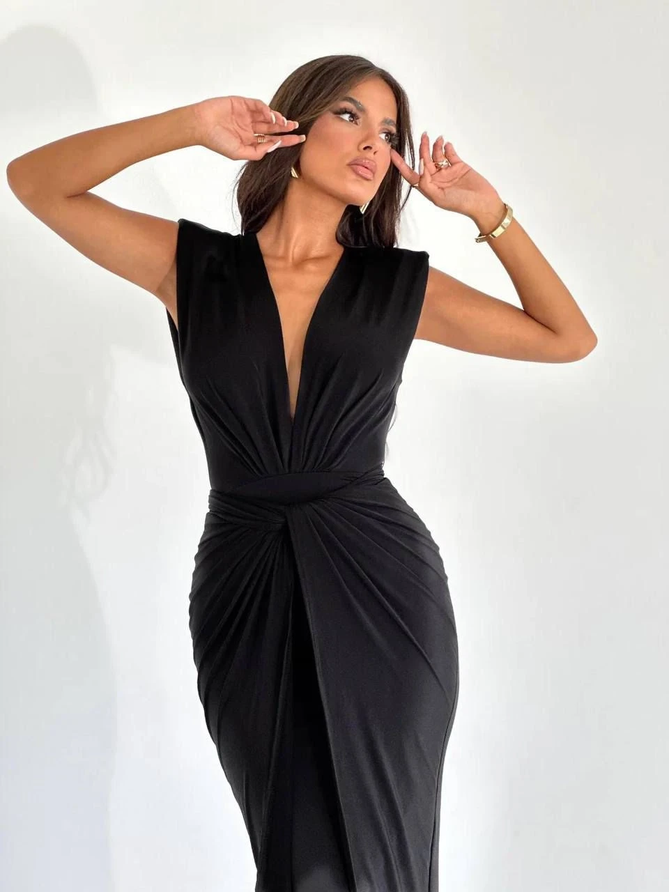 Yırtmaçsız Bel Detaylı Dalgıç Kumaş Elbise