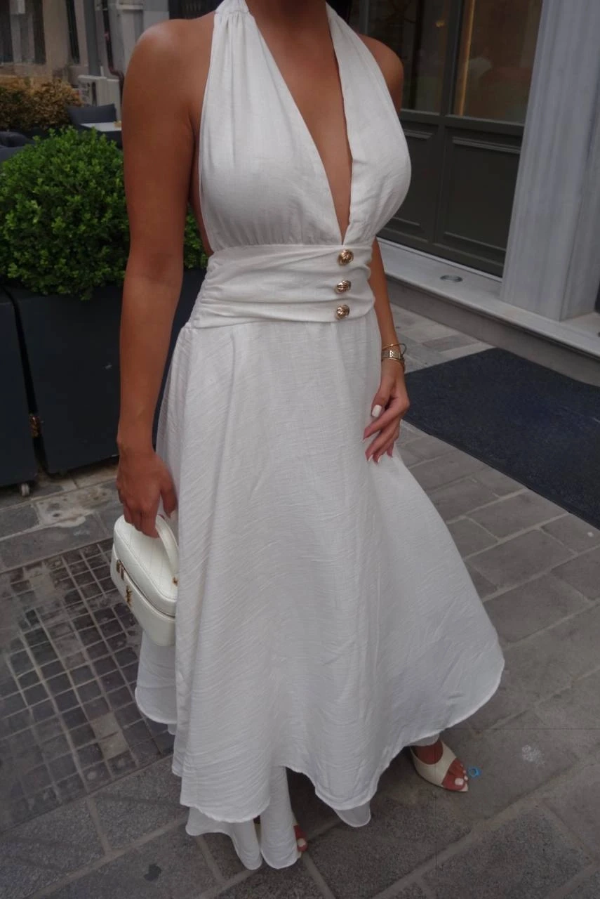 Önü Düğmeli Maxi Keten Elbise