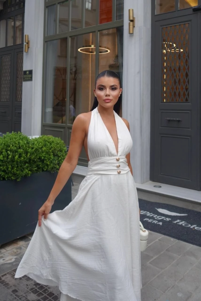 Önü Düğmeli Maxi Keten Elbise