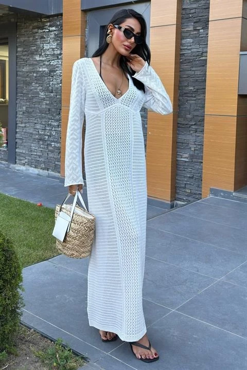 Ajurlu V Yaka Elbise Beyaz