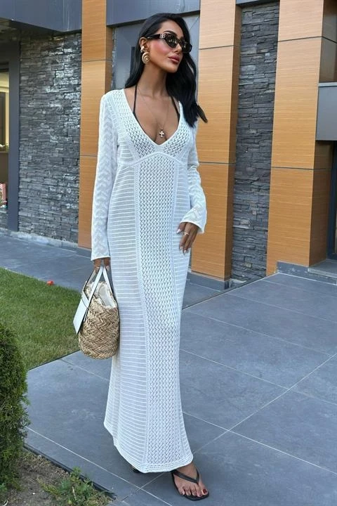 Ajurlu V Yaka Elbise Beyaz