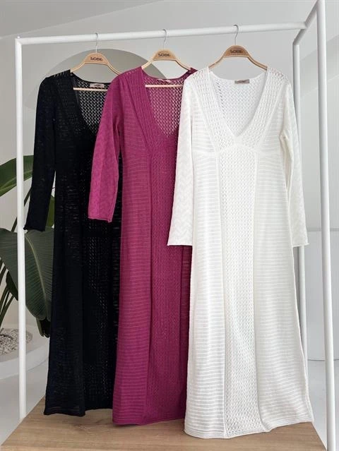 Ajurlu V Yaka Elbise Beyaz