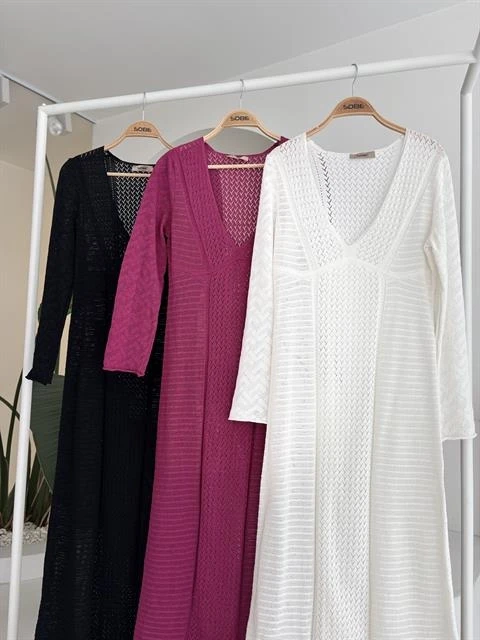 Ajurlu V Yaka Elbise Beyaz