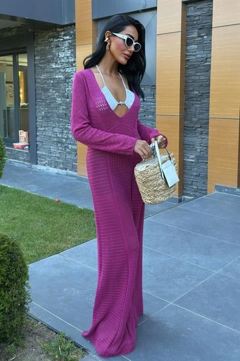 Ajurlu V Yaka Elbise Mürdüm