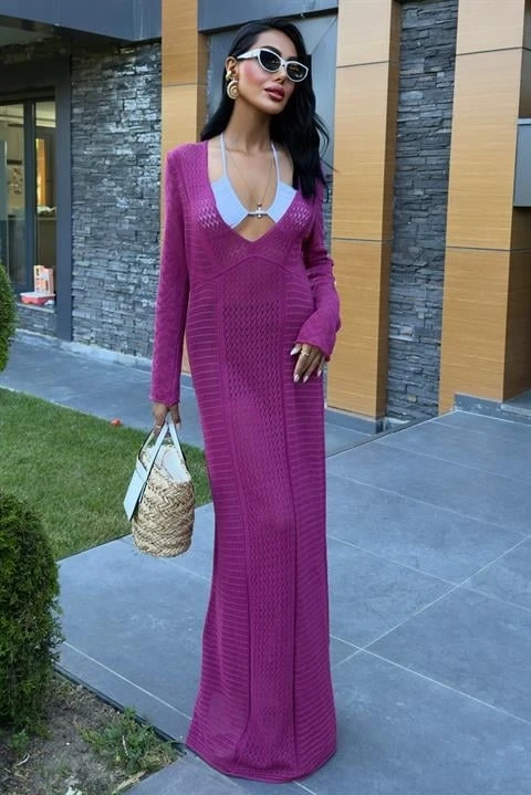 Ajurlu V Yaka Elbise Mürdüm