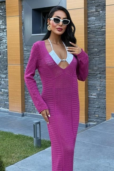 Ajurlu V Yaka Elbise Mürdüm