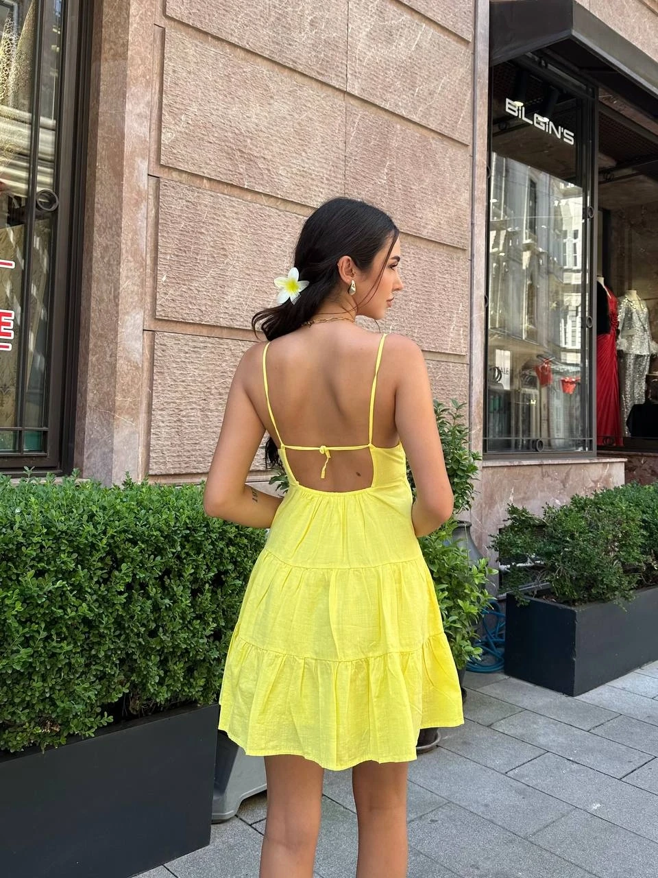 Arkası Bağlama Askılı Keten Elbise Sarı