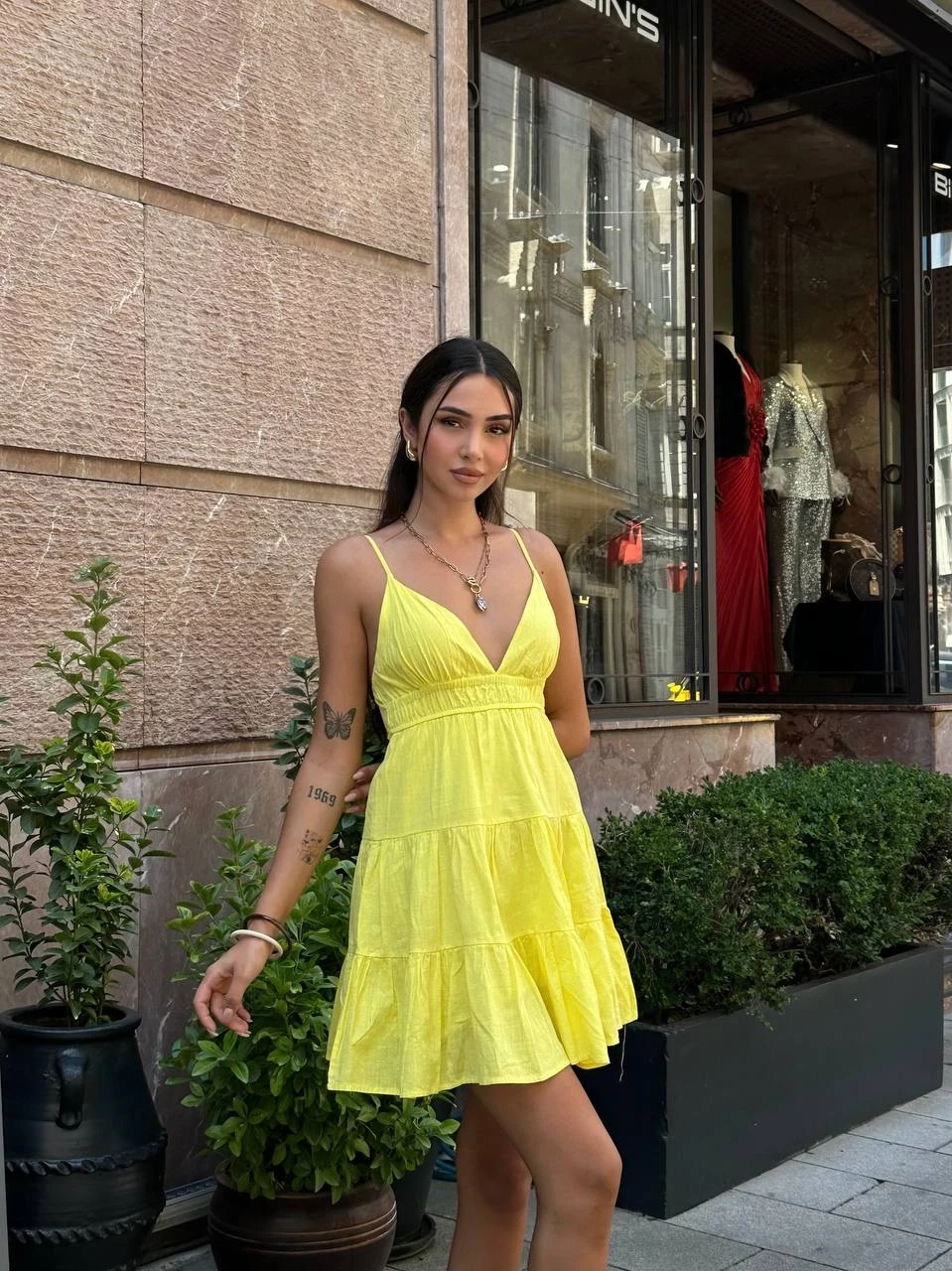 Arkası Bağlama Askılı Keten Elbise Sarı