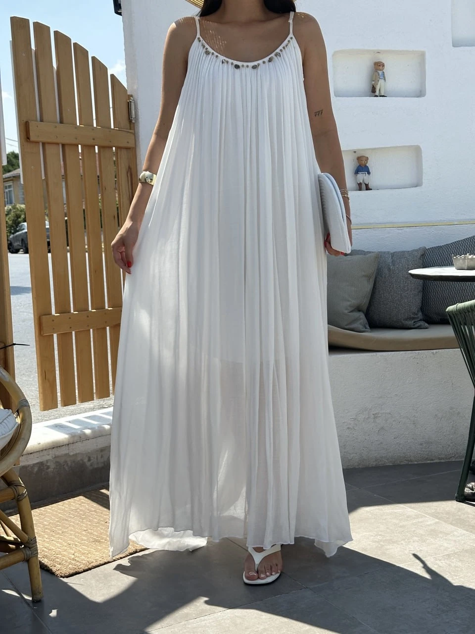 Askılı Önü Boncuklu İşlemeli Salaş Elbise Beyaz