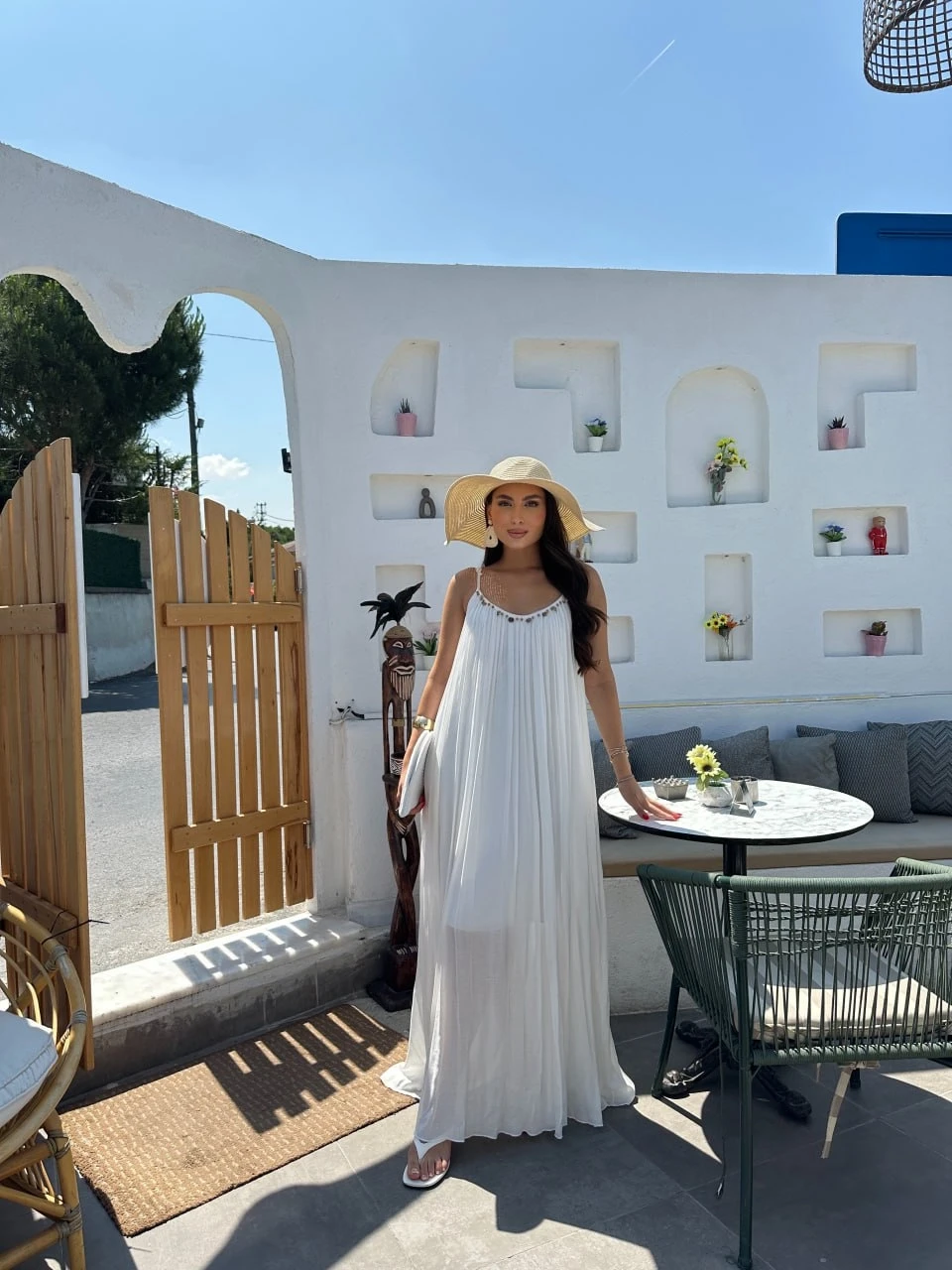 Askılı Önü Boncuklu İşlemeli Salaş Elbise Beyaz