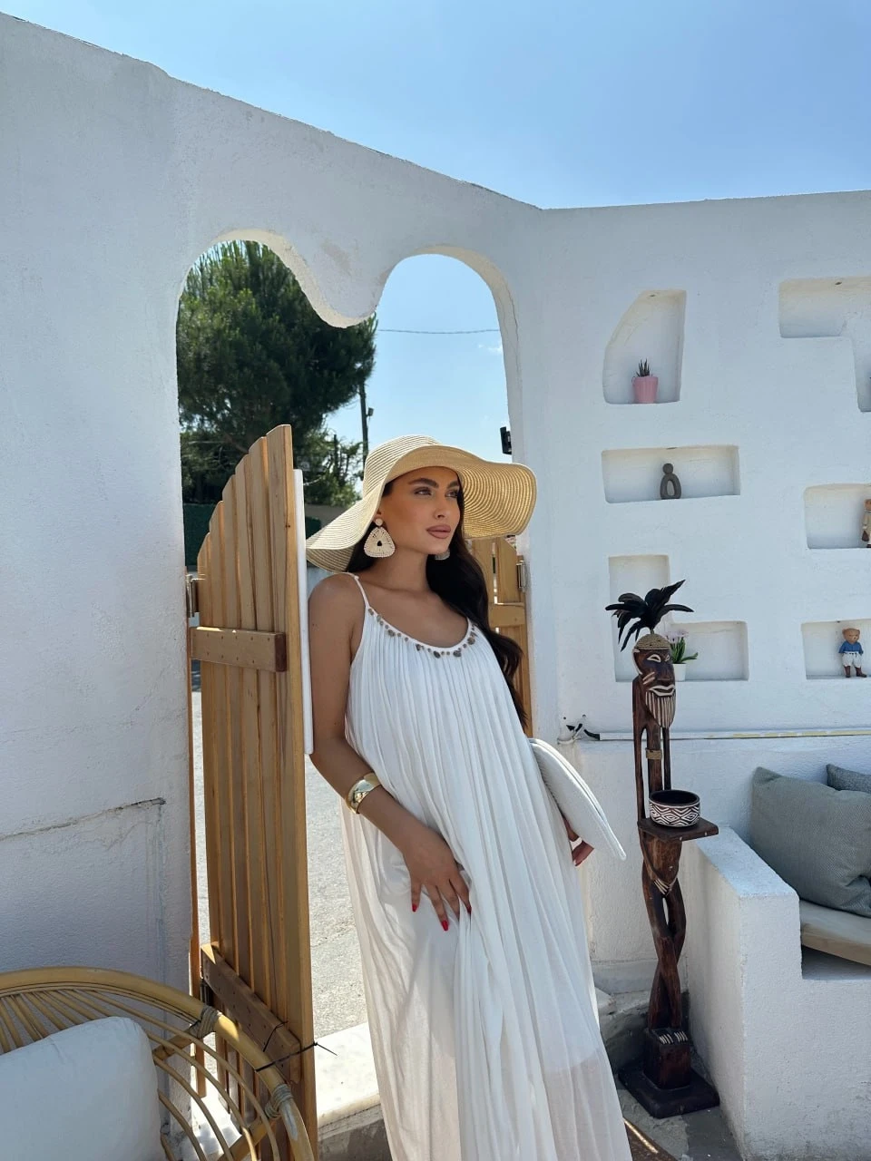 Askılı Önü Boncuklu İşlemeli Salaş Elbise Beyaz