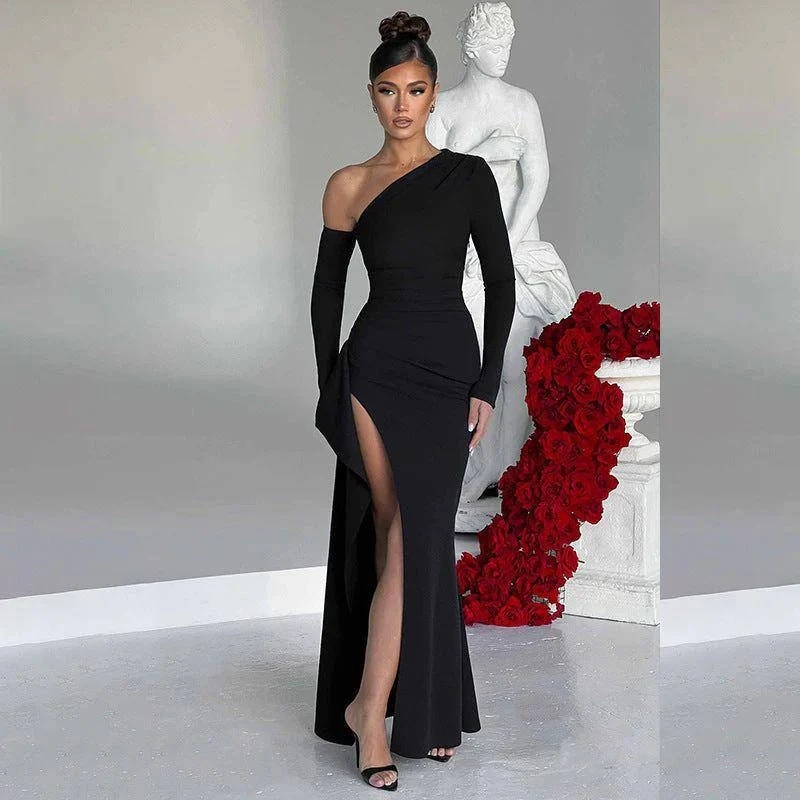 Astarlı Drape Detay Yırtmaçlı Maxi Elbise