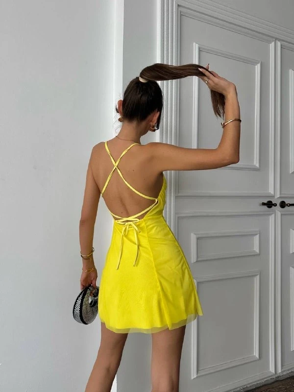 Astarlı Tül Mini Elbise Sarı