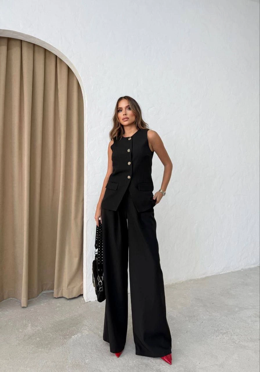 Atlas Kumaş Yelek Pantalon Takım Siyah