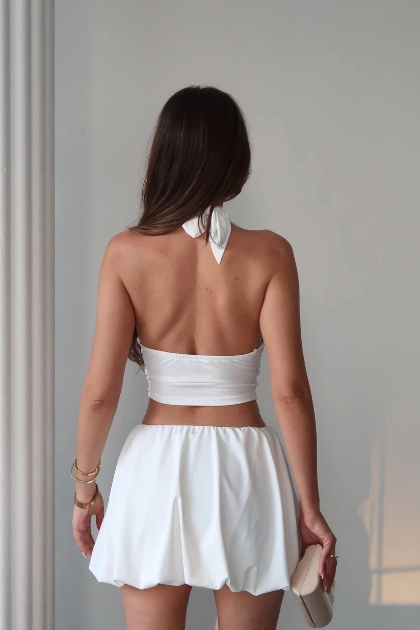 Balon Etek ve Bluz Takım Beyaz