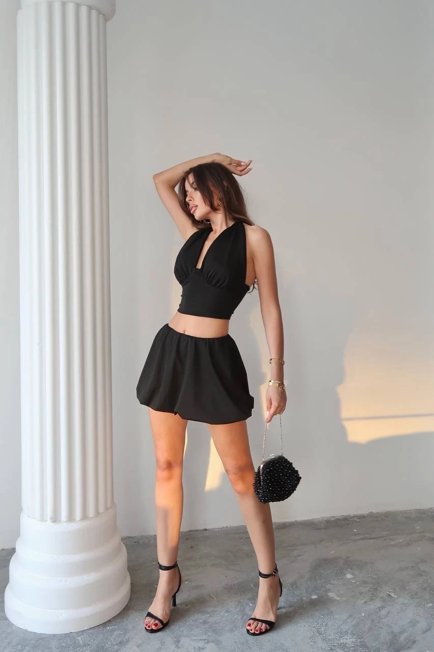 Balon Etek ve Bluz Takım Siyah