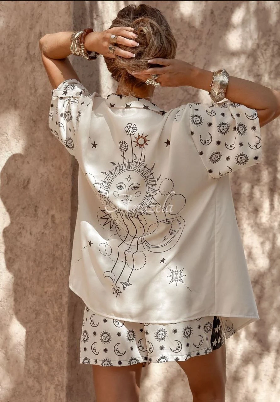 Baskılı Keten Kumaş Şortlu Takım