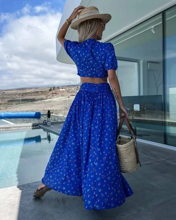 Bel Detay Desenli Elbise Mavi