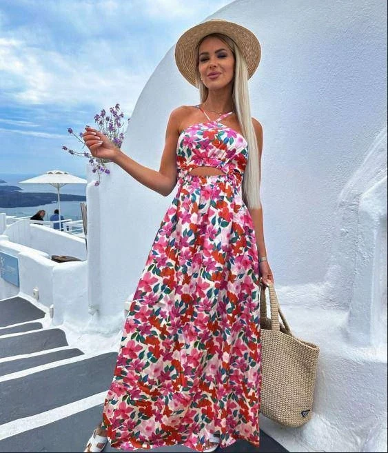 Boyun Bağcıklı Desenli İthal Krep Elbise