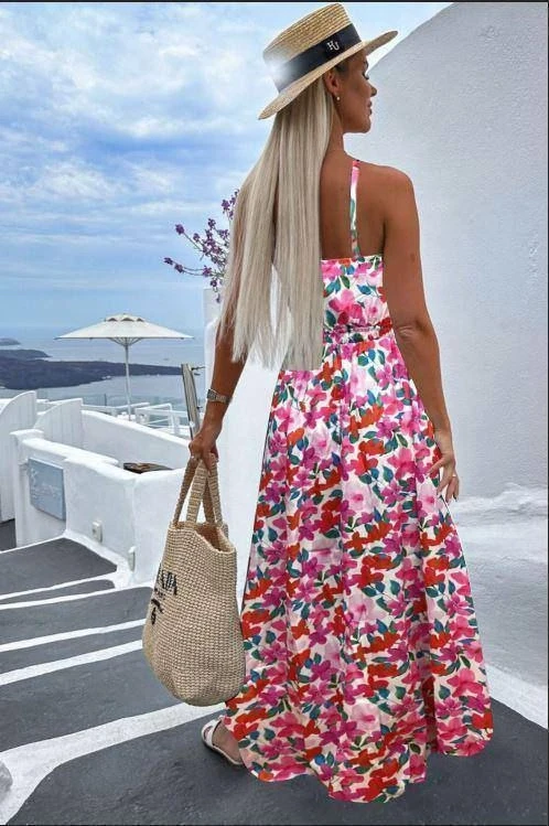 Boyun Bağcıklı Desenli İthal Krep Elbise