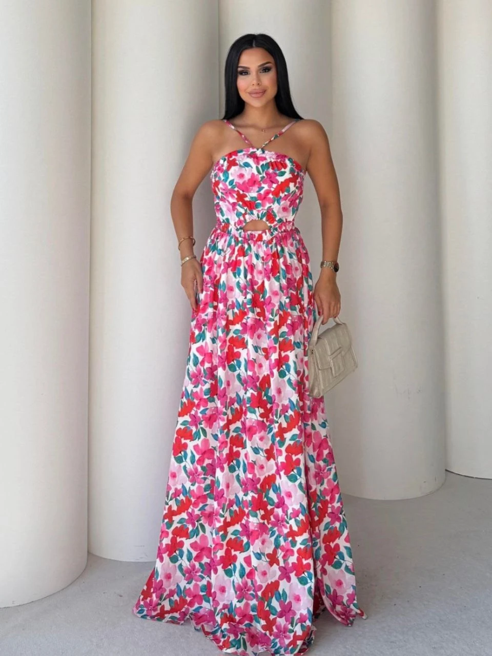 Boyun Bağlamalı Desenli Krep Kumaş Elbise