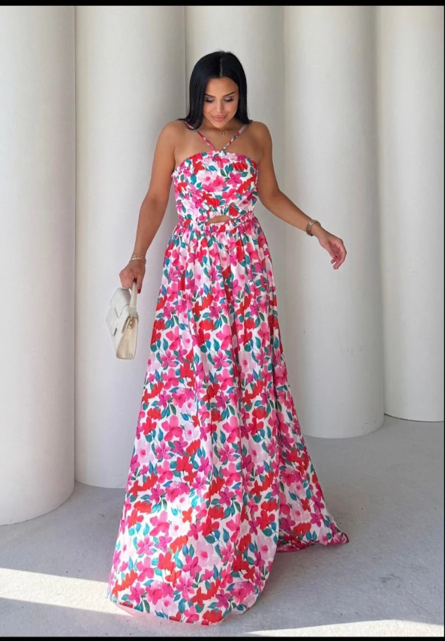 Boyun Bağlamalı Desenli Krep Kumaş Elbise