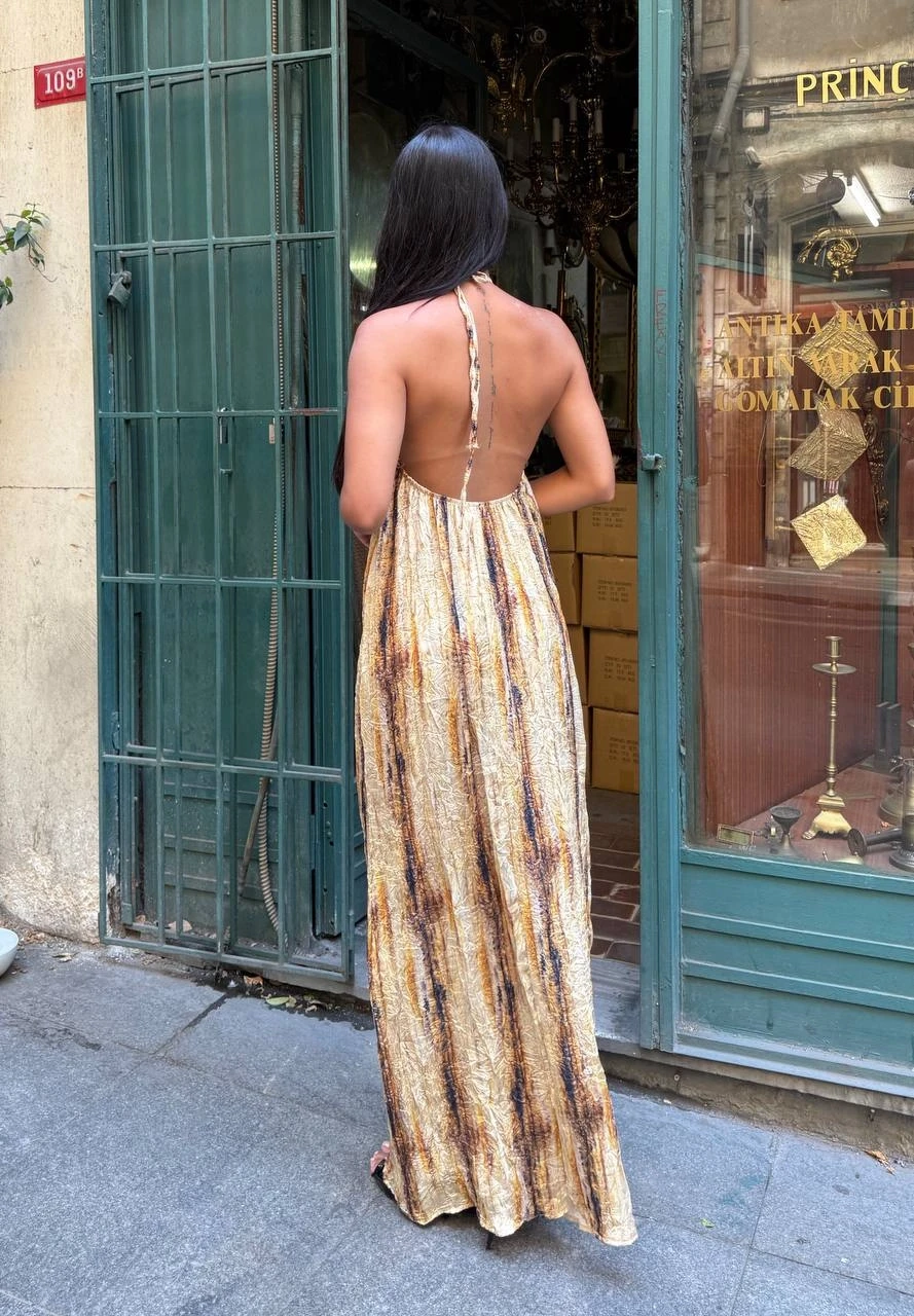 Boyundan Bağlamalı Sırt Dekolte Tasarım Elbise