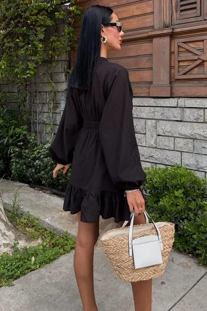 Brode Şeritli Eteği Fırfırlı Elbise Siyah