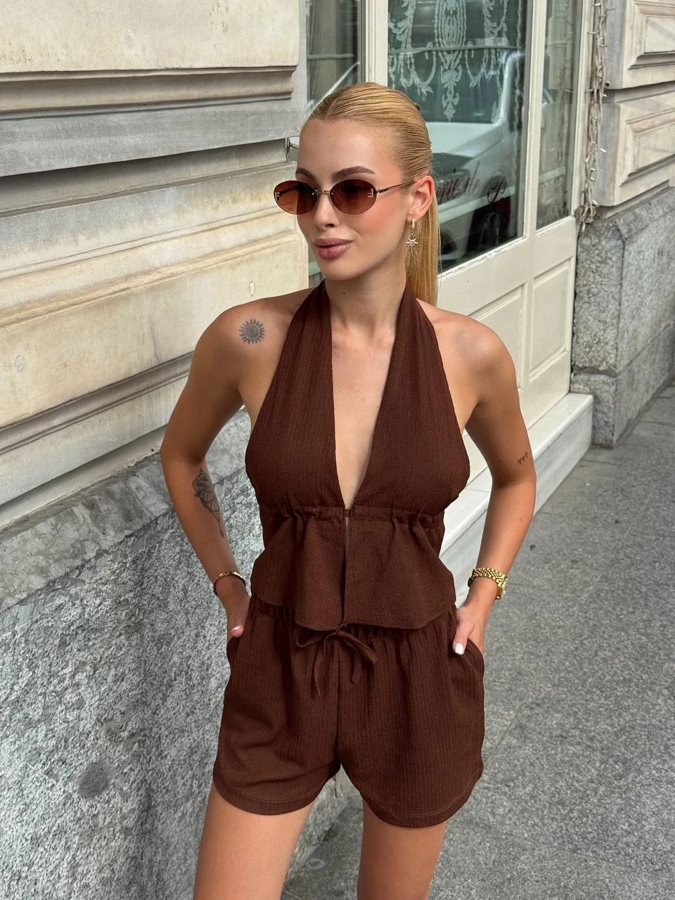 Bürümcük Kumaş Şortlu Takım Kahve