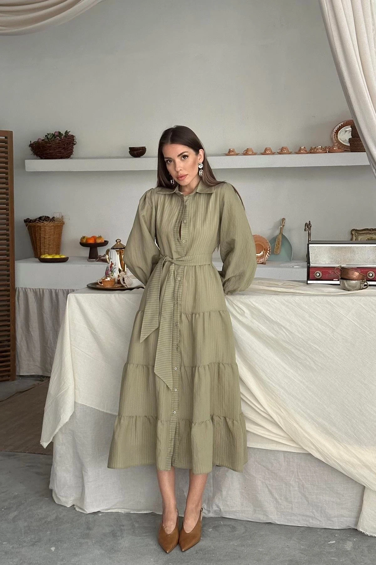 Çağla Çizgi Desenli Uzun Elbise