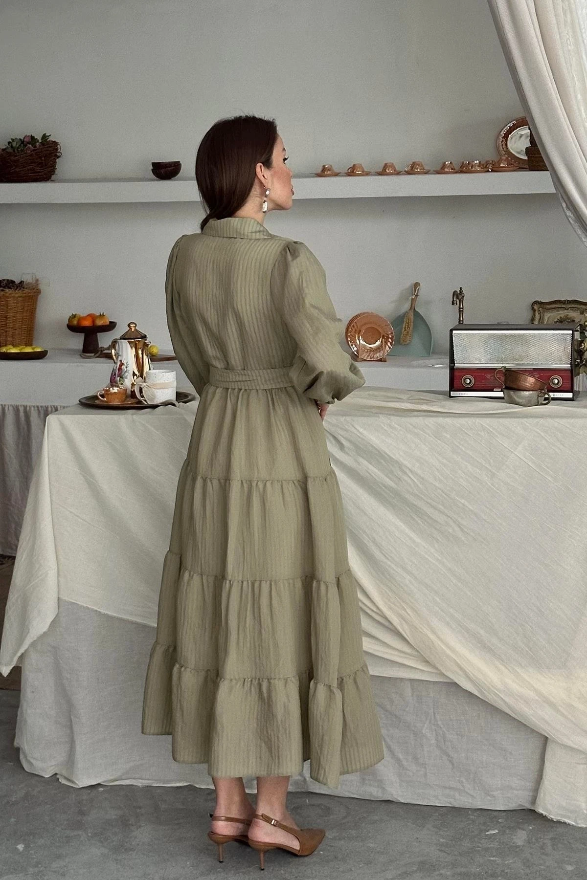 Çağla Çizgi Desenli Uzun Elbise