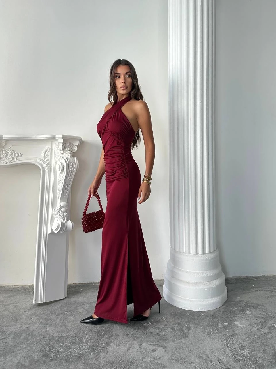 Çapraz Yaka Bordo Maxi Elbise