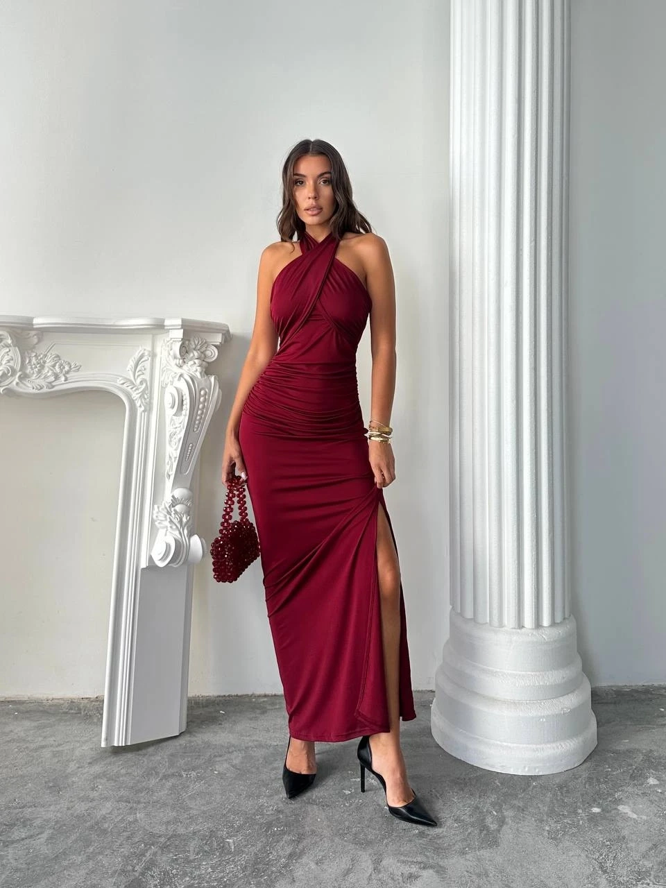 Çapraz Yaka Bordo Maxi Elbise