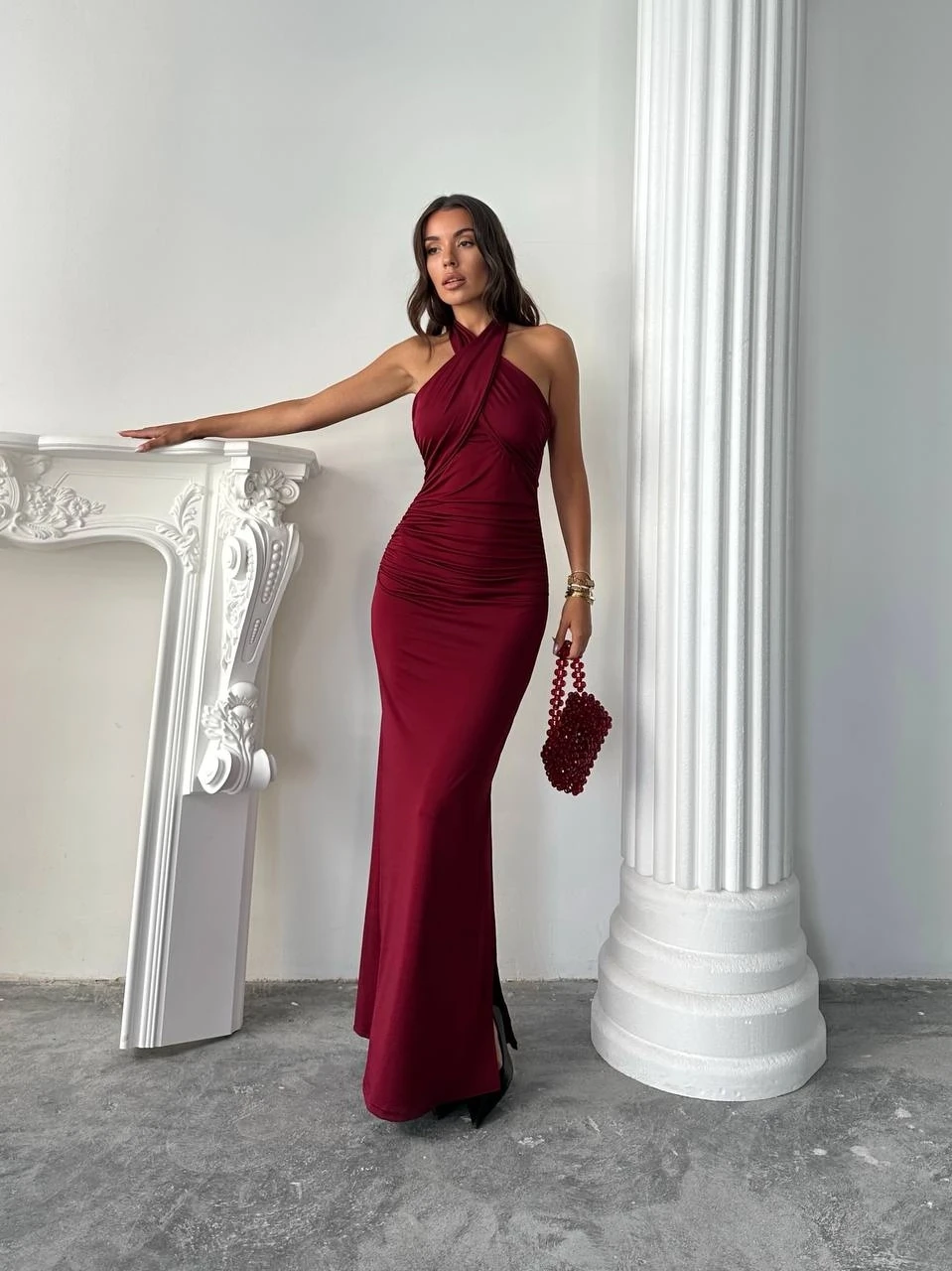 Çapraz Yaka Bordo Maxi Elbise