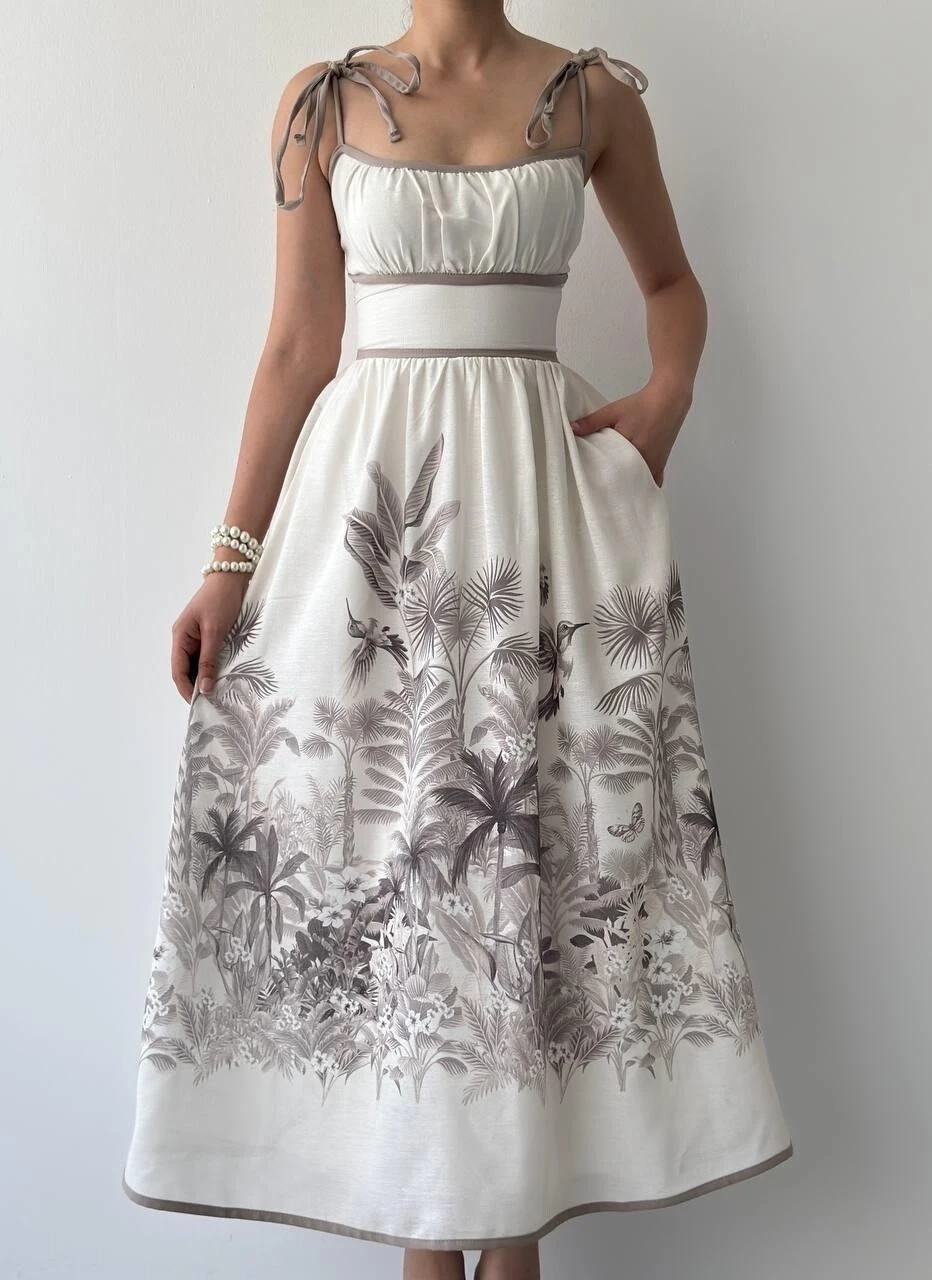 Cep Detaylı Bej Desenli Keten Elbise