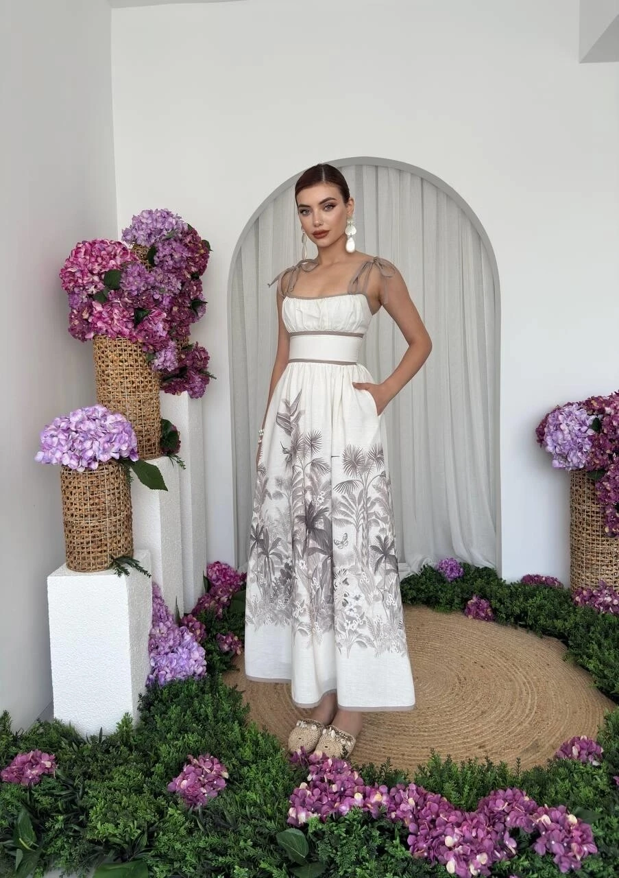 Cep Detaylı Bej Desenli Keten Elbise