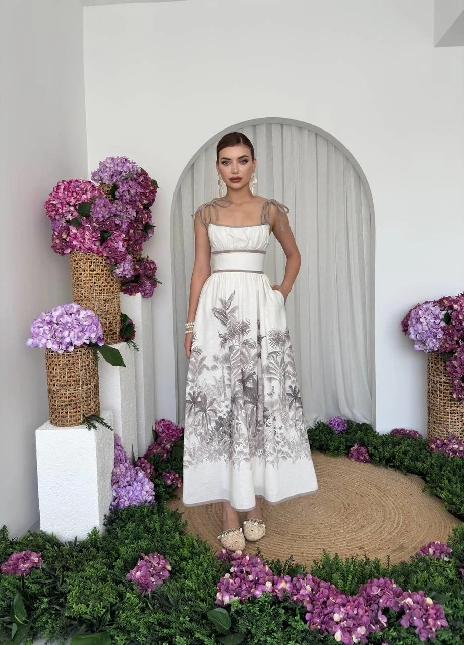 Cep Detaylı Bej Desenli Keten Elbise