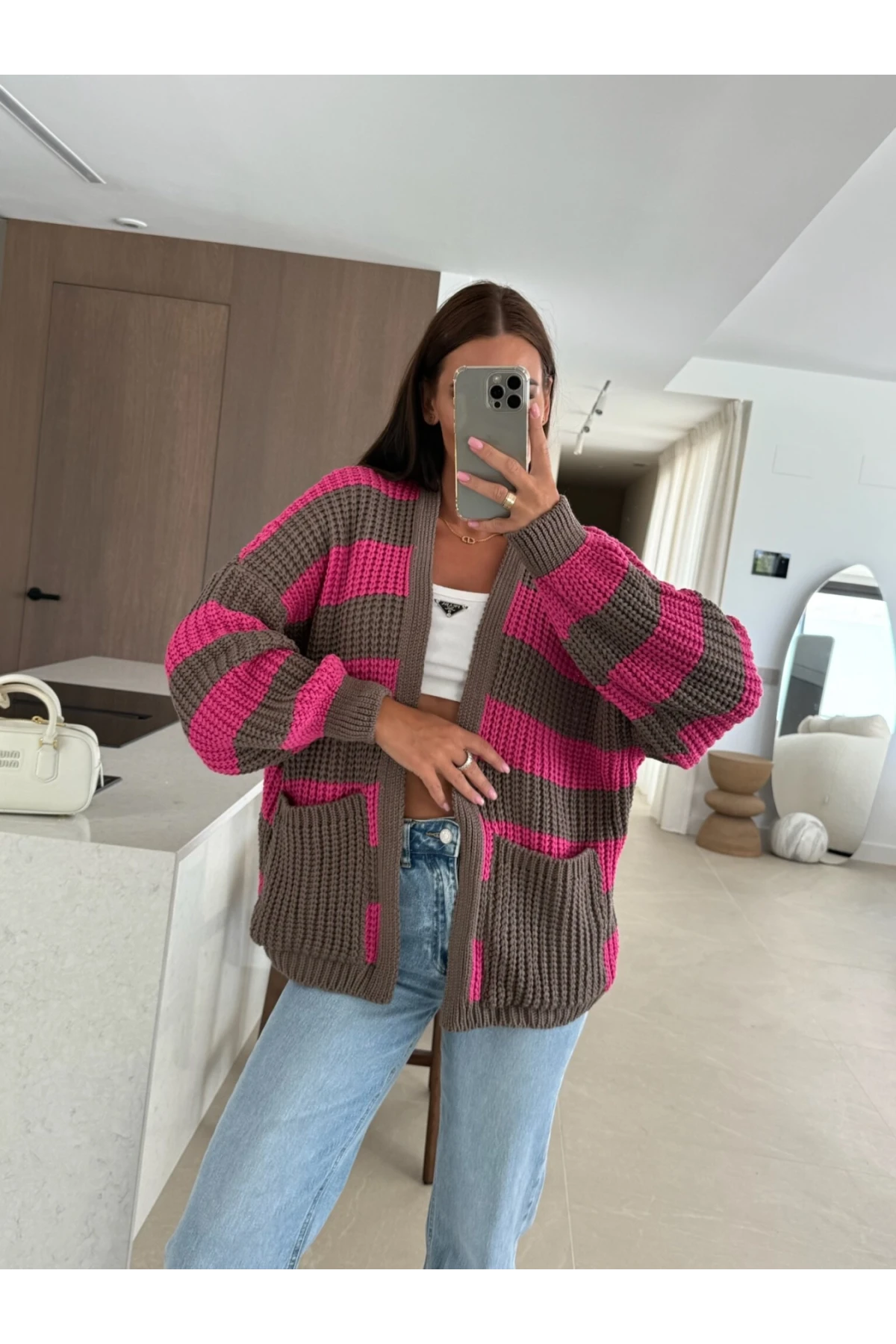 Cepli Çizgili Desen Triko Hırka Pembe