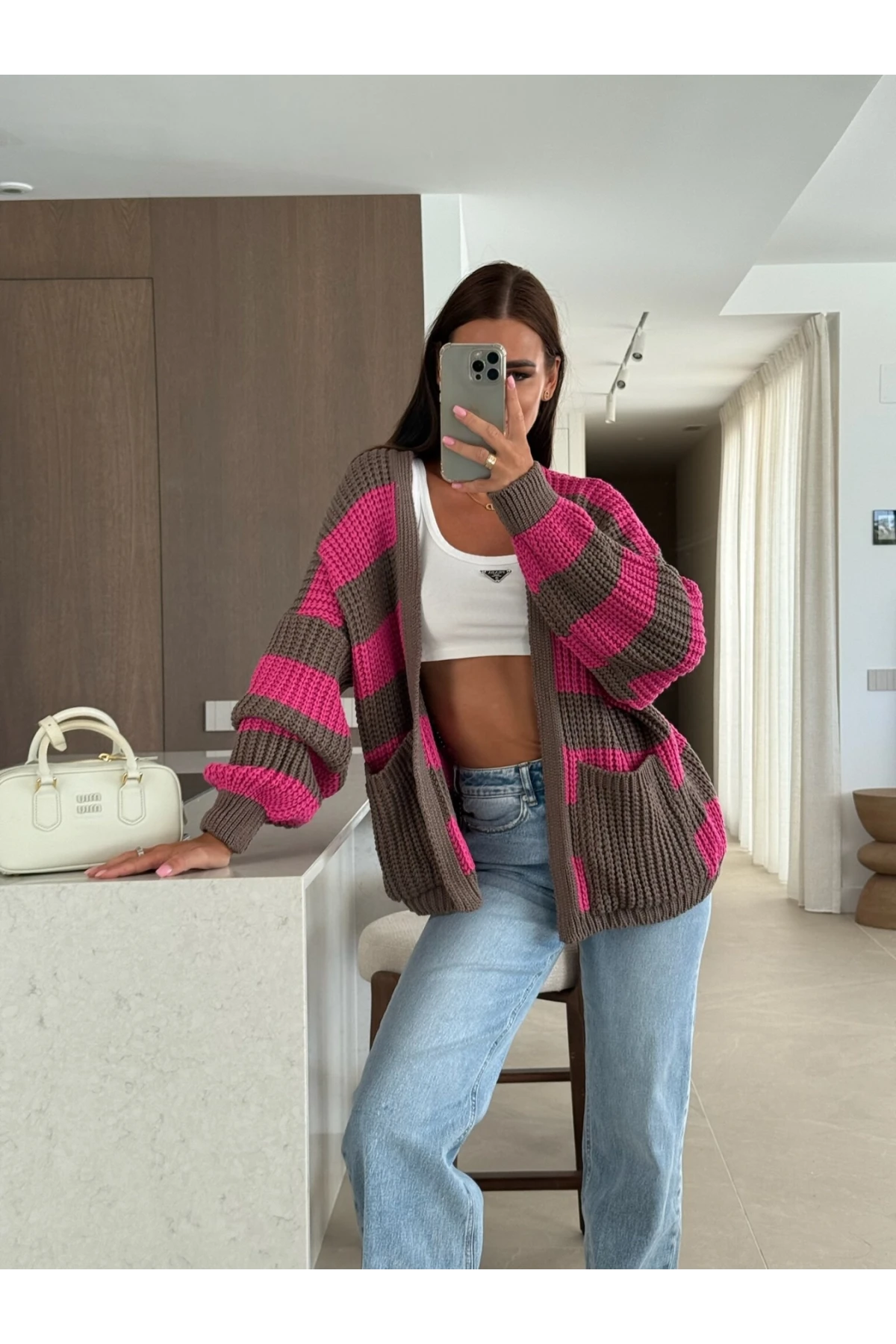 Cepli Çizgili Desen Triko Hırka Pembe