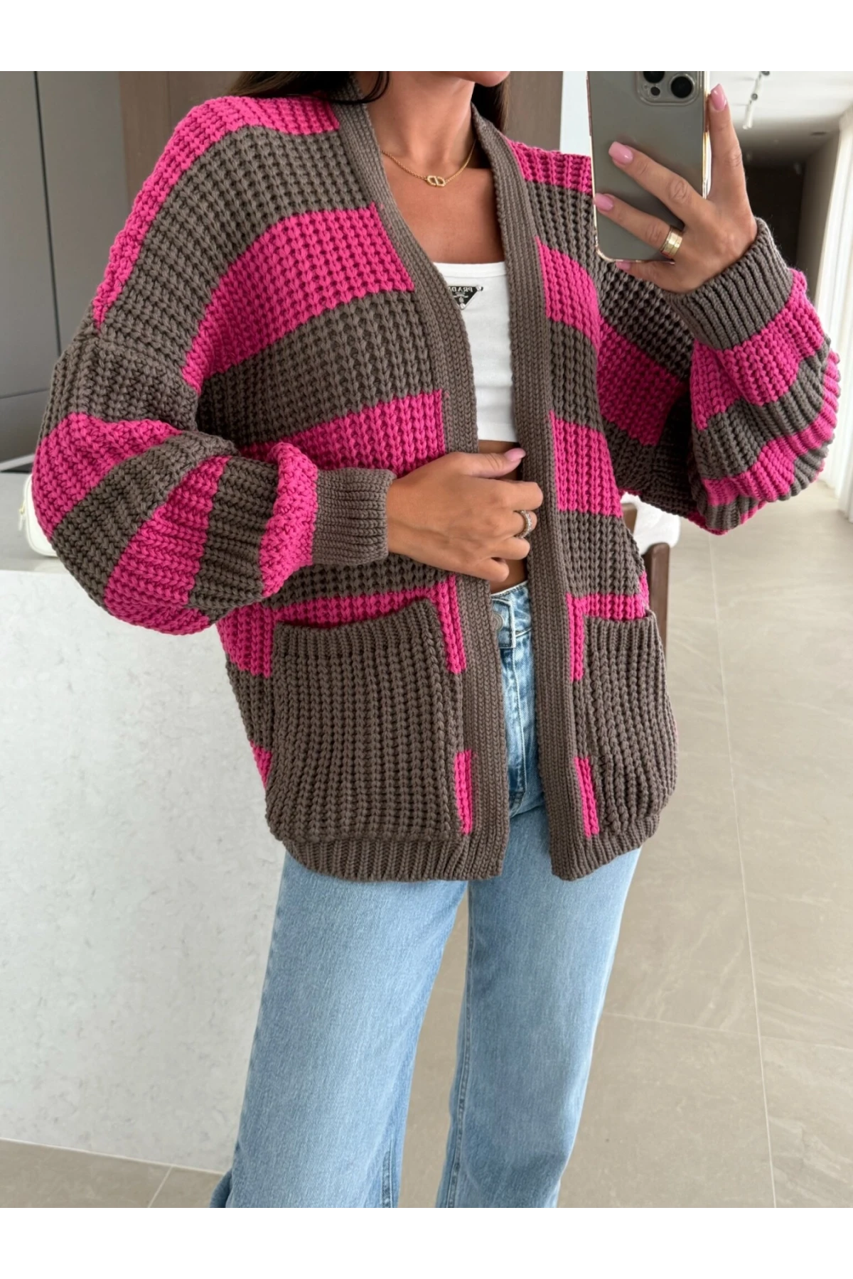 Cepli Çizgili Desen Triko Hırka Pembe