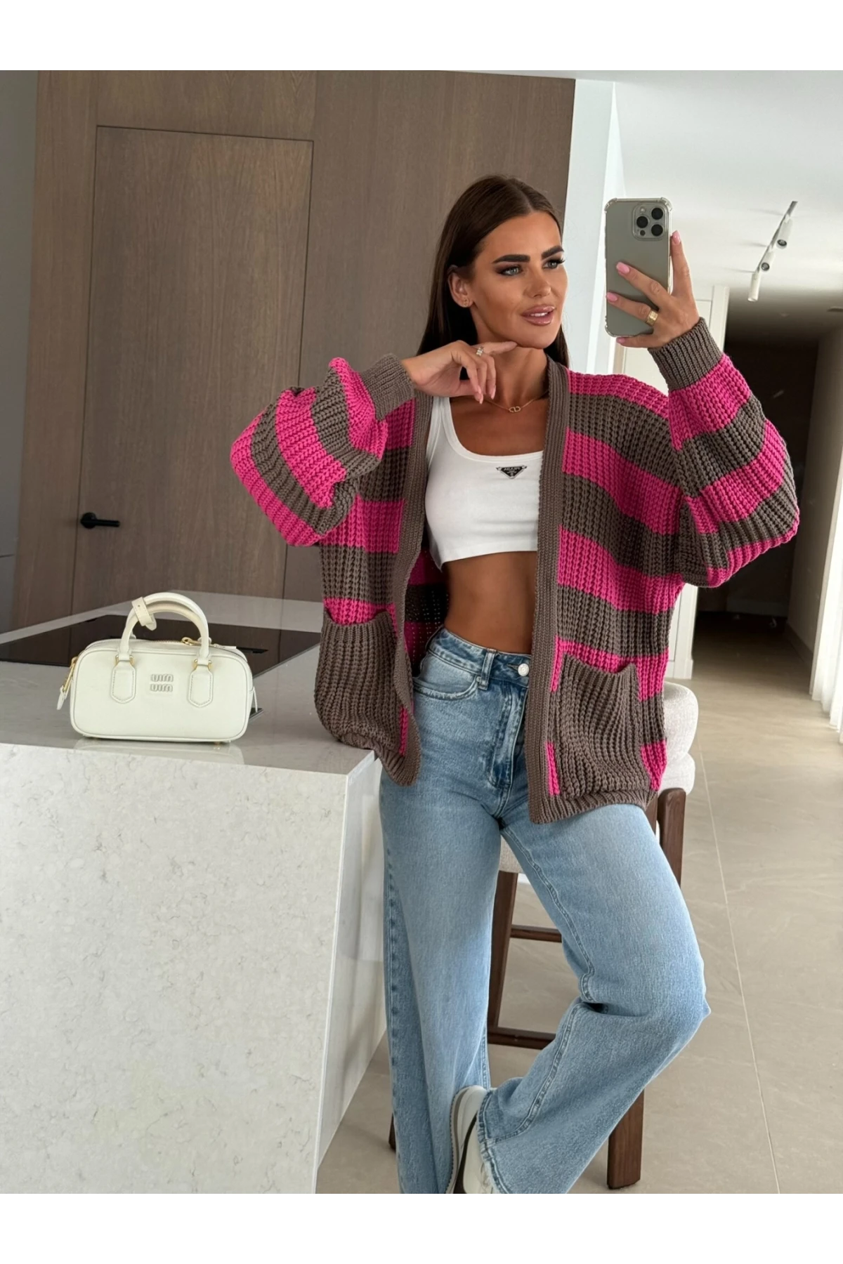 Cepli Çizgili Desen Triko Hırka Pembe