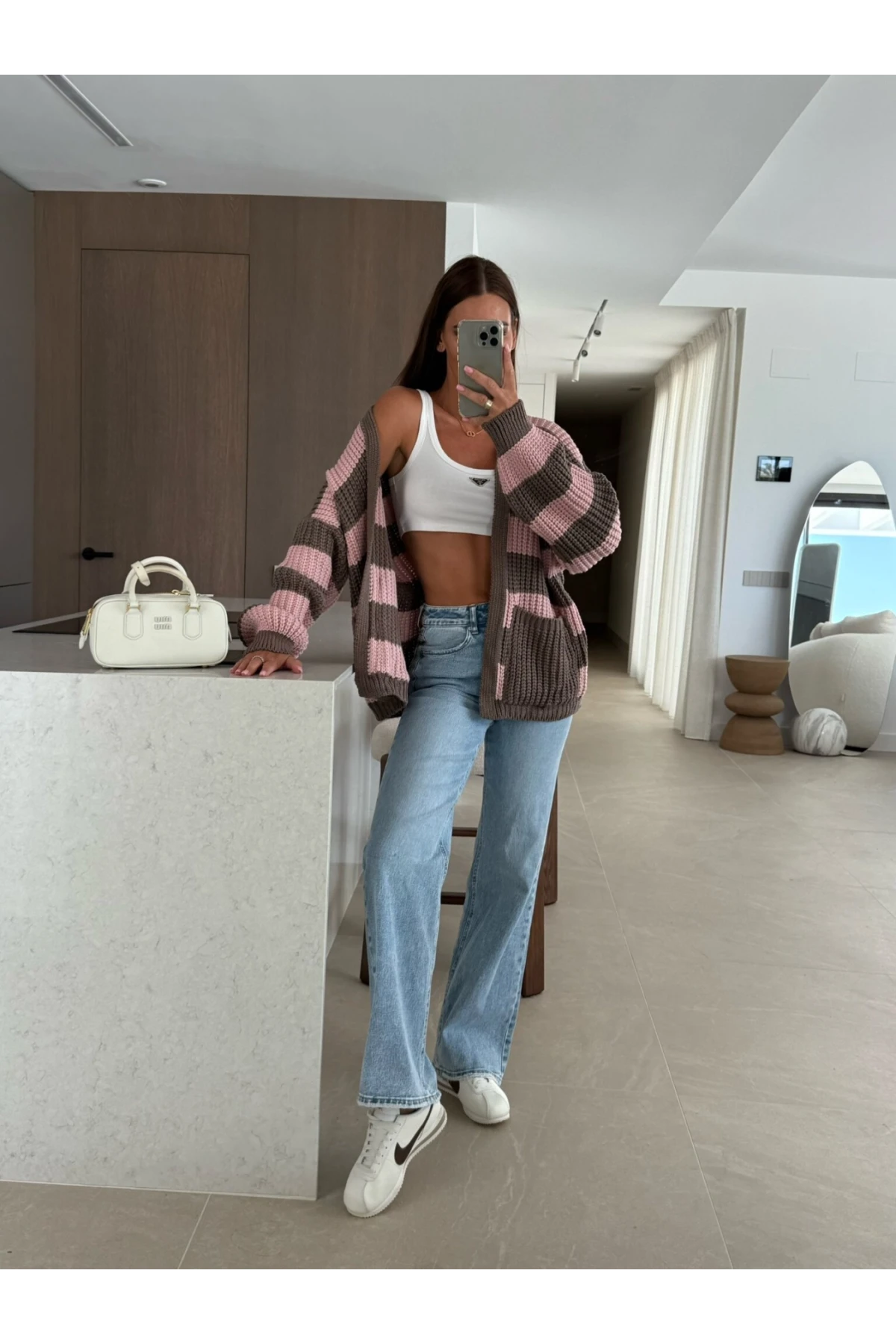 Cepli Çizgili Desen Triko Hırka Pudra