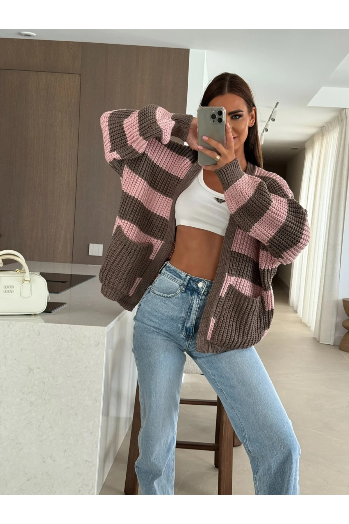 Cepli Çizgili Desen Triko Hırka Pudra